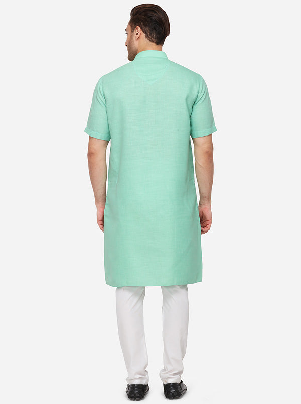 Light Green Self Textured Regular Fit Modi Kurta | JadeBlue