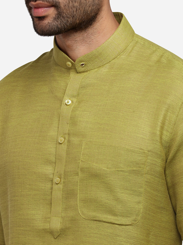 Olive Green Self Textured Regular Fit Modi Kurta | JadeBlue