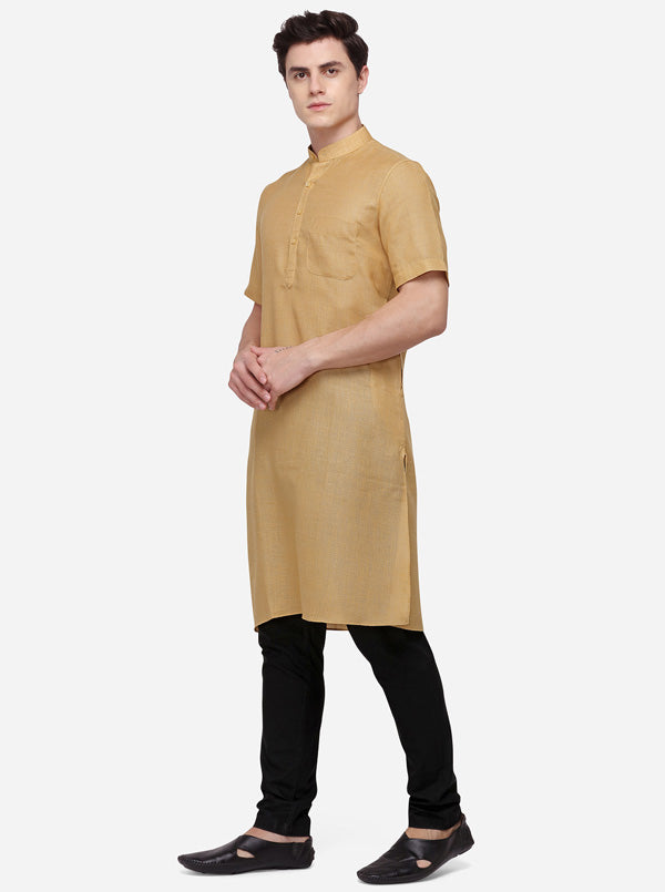 Khaki Self Textured Regular Fit Modi Kurta | JadeBlue