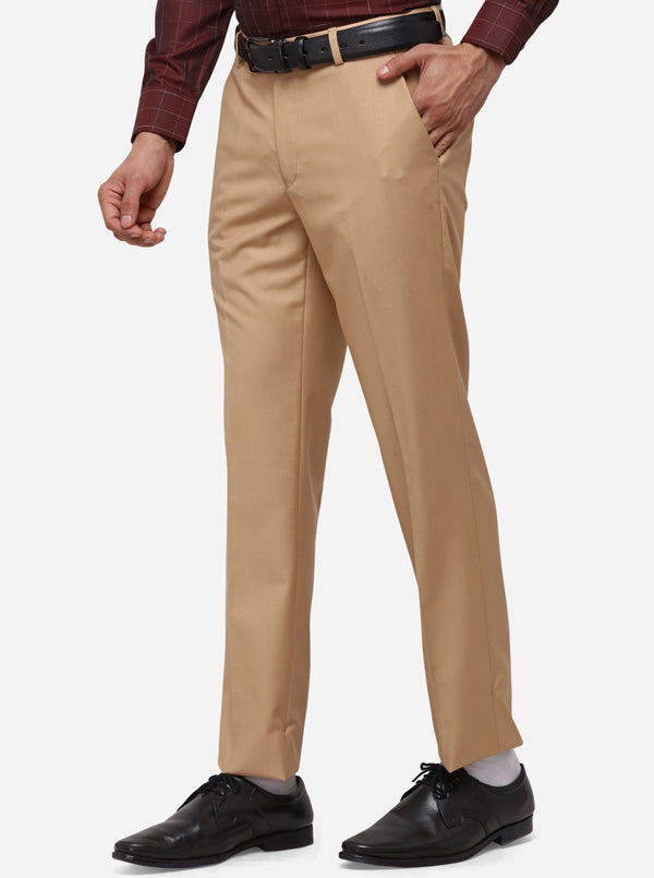 Men Khaki Regular Fit Solid Formal Trousers
