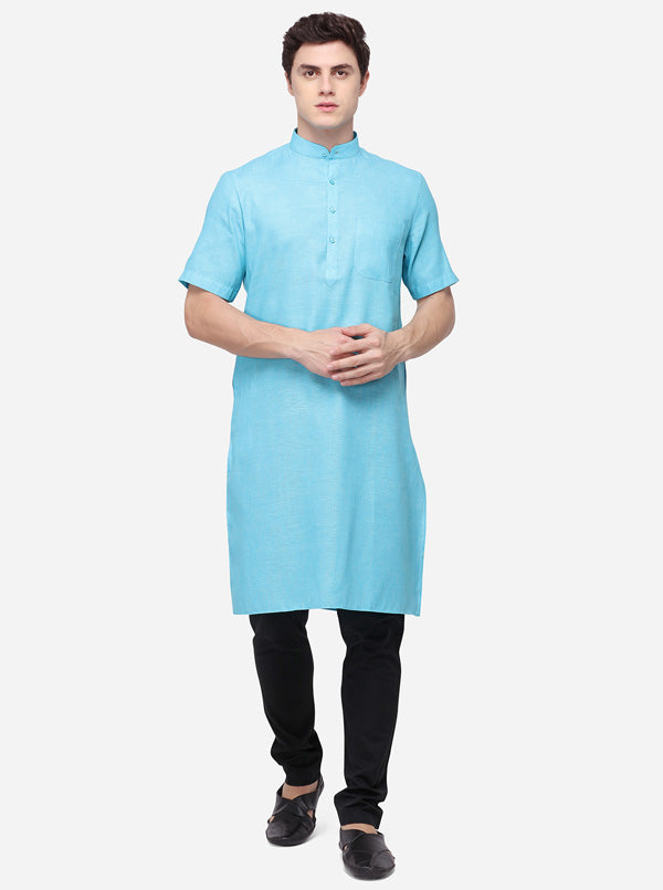 Teal Blue Self Textured Regular Fit Modi Kurta | JadeBlue