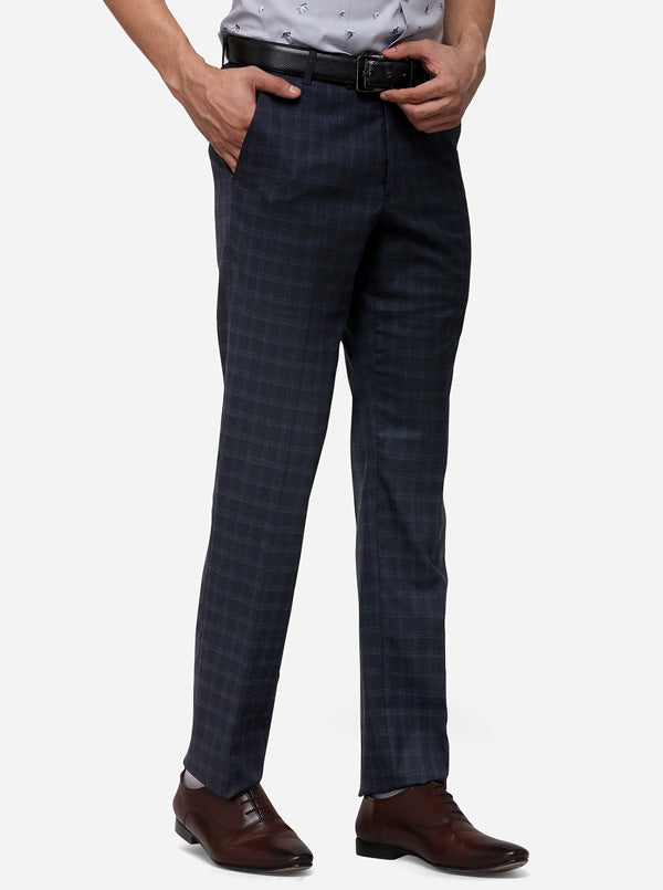 Navy Blue Super Slim Fit Checked Formal Trouser | Greenfibre