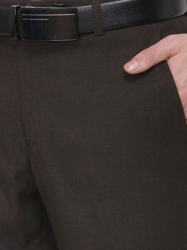 Dark Brown Solid Slim Fit Formal Trouser | Greenfibre