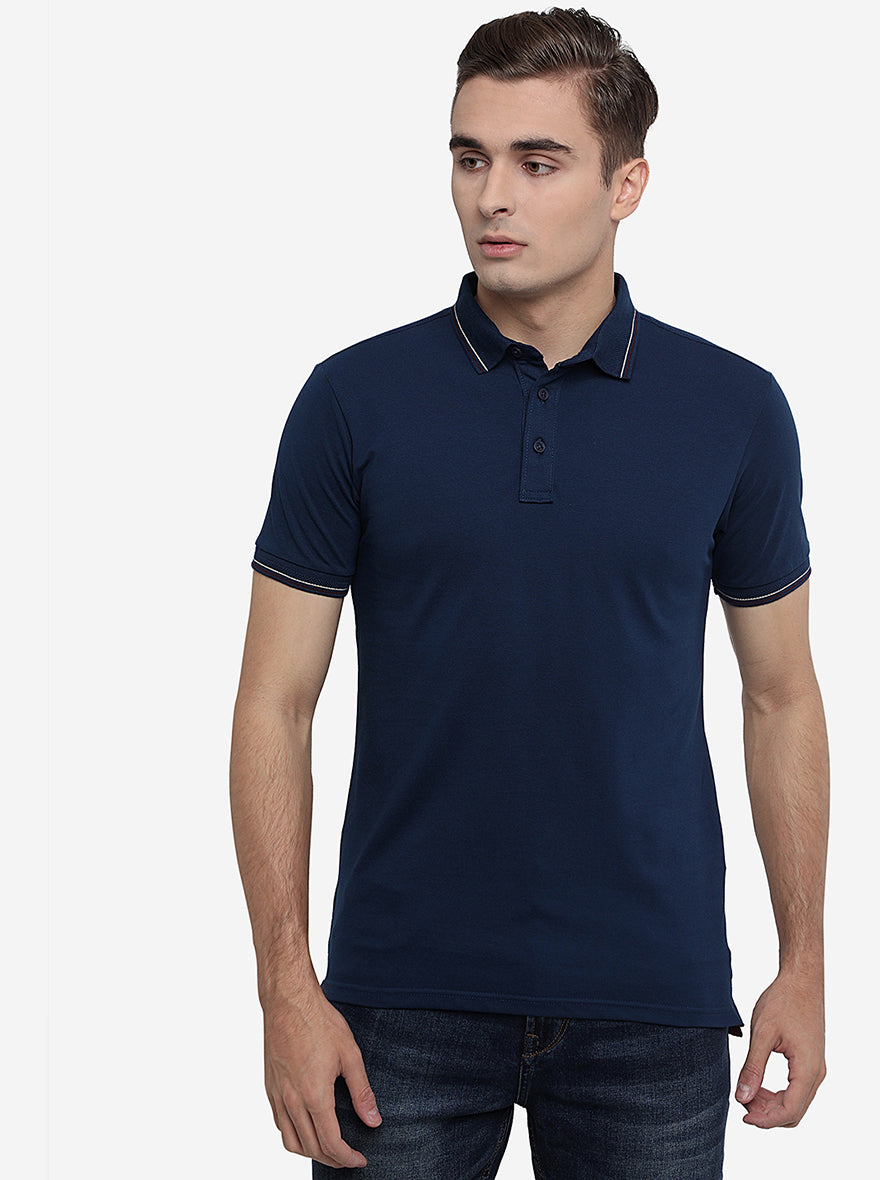 Indigo Blue Solid Slim Fit Polo T-Shirt | JadeBlue