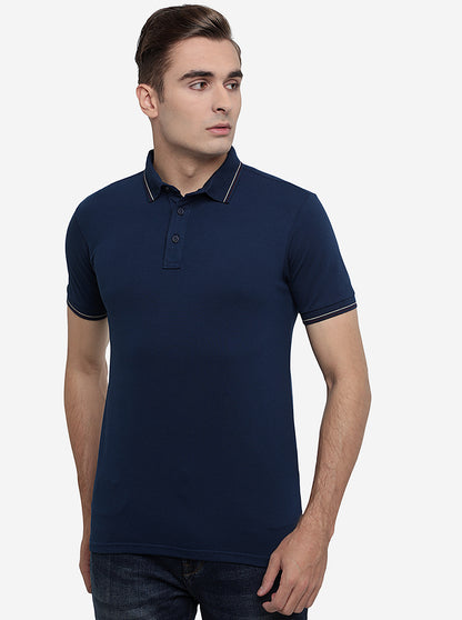 Indigo Blue Solid Slim Fit Polo T-Shirt | JadeBlue