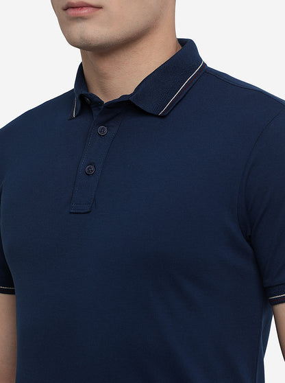 Indigo Blue Solid Slim Fit Polo T-Shirt | JadeBlue