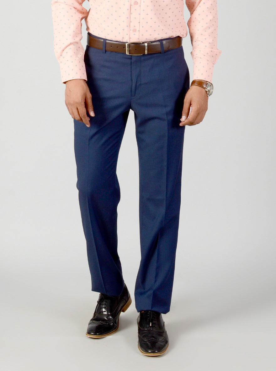 Blue Self Textured Regular Fit Formal Trouser | Greenfibre