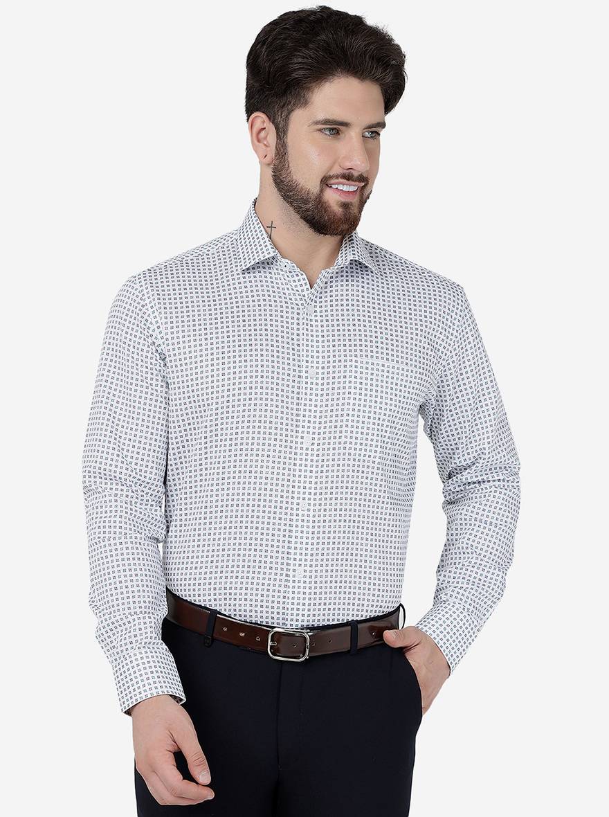 White Printed Slim Fit Formal Shirt | JadeBlue