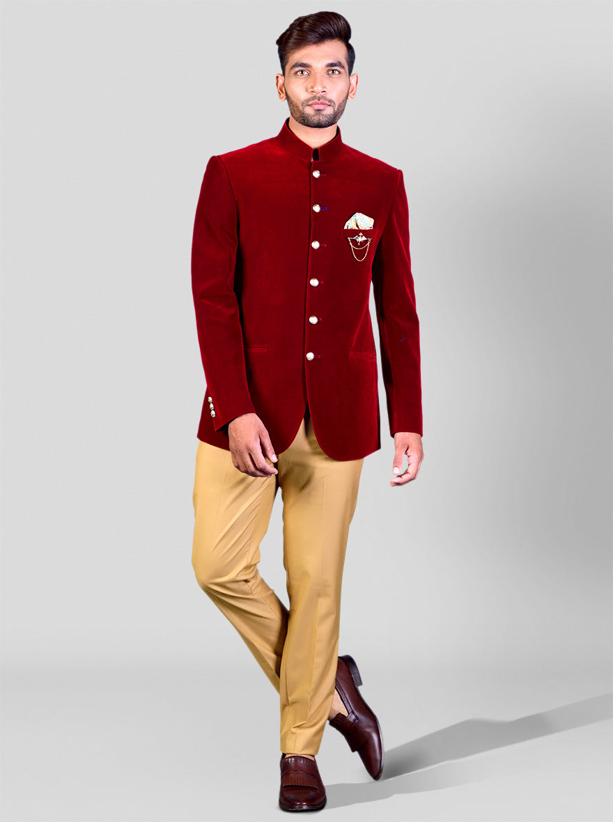 Buy Wine Red Woven Silk Jodhpuri Suit Online | Samyakk