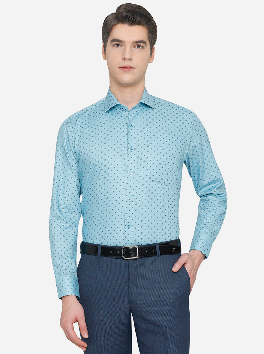 Teal Blue Printed Regular Fit Formal Shirt | JadeBlue