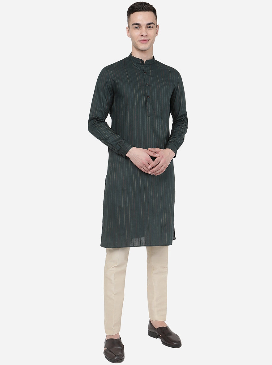 Olive Green Striped Regular Fit Modi Kurta | JadeBlue
