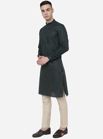 Olive Green Striped Regular Fit Modi Kurta | JadeBlue