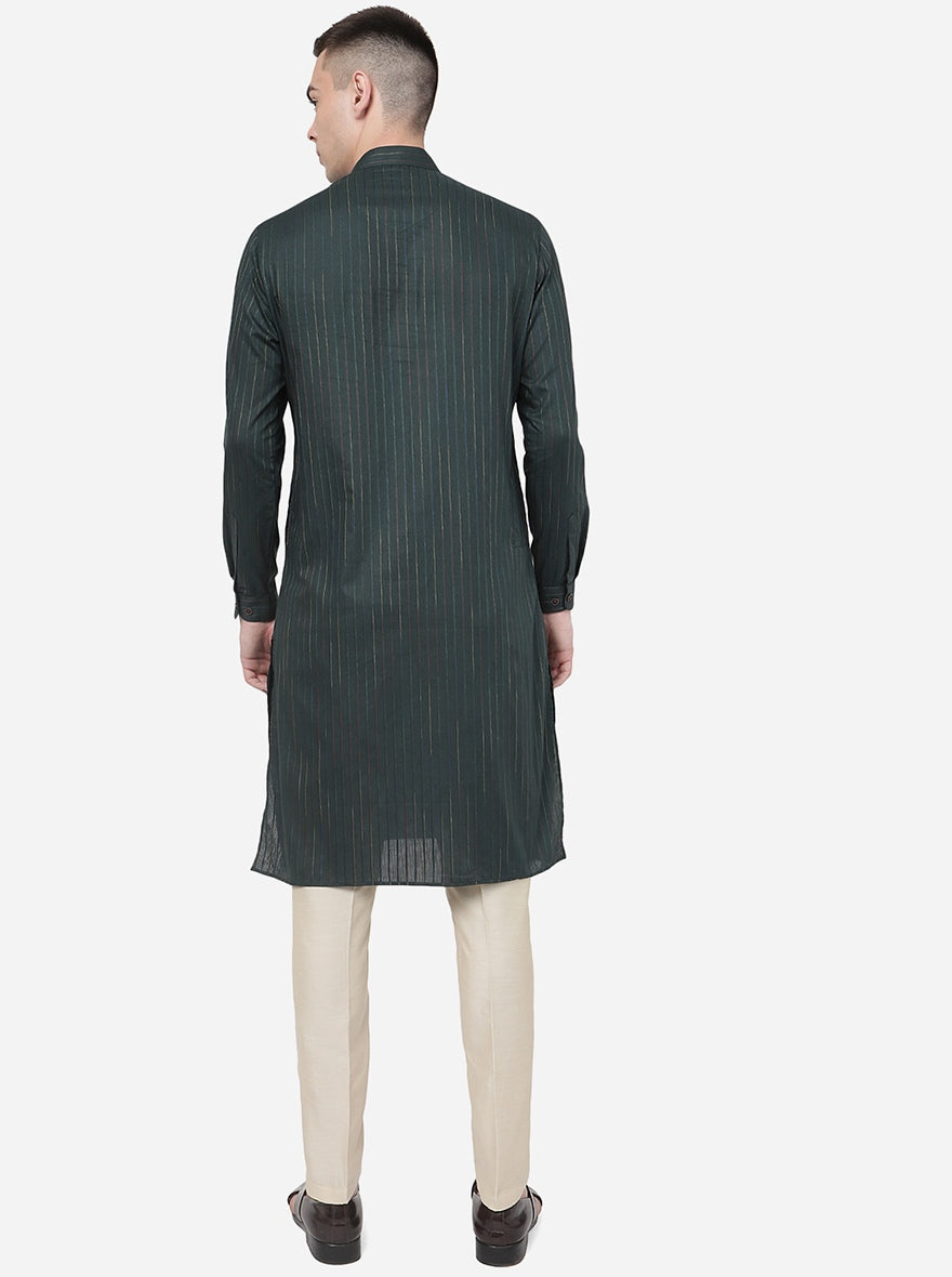 Olive Green Striped Regular Fit Modi Kurta | JadeBlue