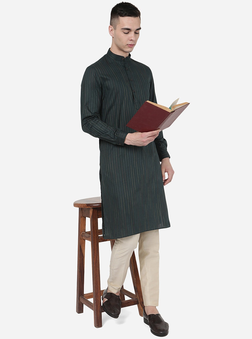Olive Green Striped Regular Fit Modi Kurta | JadeBlue