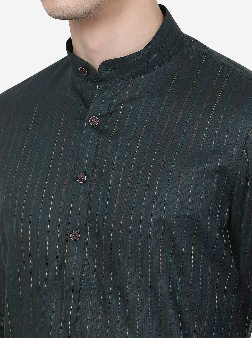 Olive Green Striped Regular Fit Modi Kurta | JadeBlue