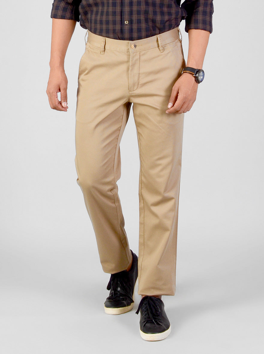 Peanut Brown Solid Slim Fit Casual Trouser | Greenfibre
