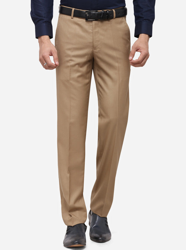 Khaki Solid Italian Fit Cotton Blend Formal Trousers For Men  TAD