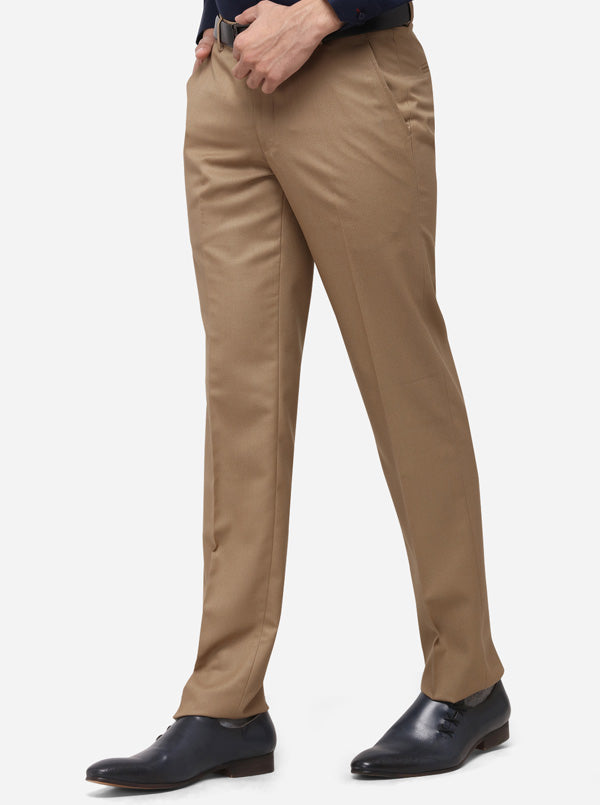 Khaki Slim Fit Solid Formal Trouser | Greenfibre