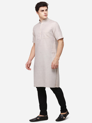 Light Beige Self Textured Regular Fit Modi Kurta | JadeBlue