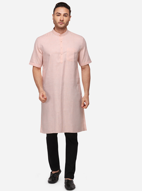 Light Orange Self Textured Regular Fit Modi Kurta | JadeBlue
