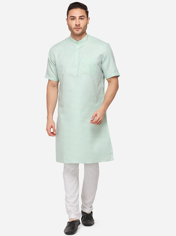 Light Green Self Textured Regular Fit Modi Kurta | JadeBlue