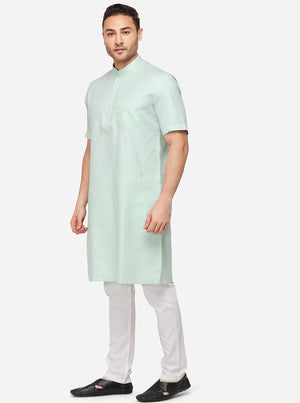 Light Green Self Textured Regular Fit Modi Kurta | JadeBlue