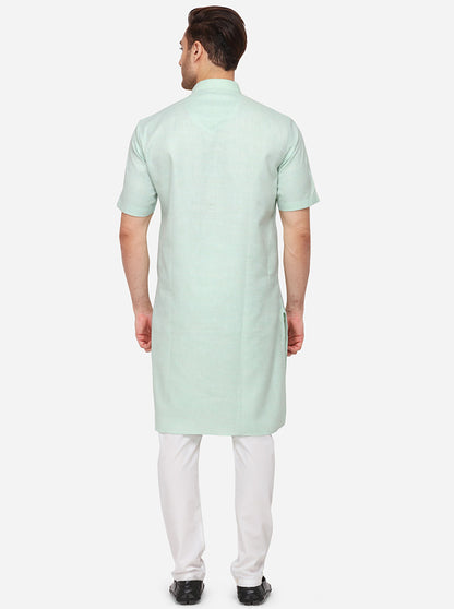 Light Green Self Textured Regular Fit Modi Kurta | JadeBlue