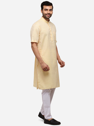 Light Yellow Self Textured Regular Fit Modi Kurta | JadeBlue