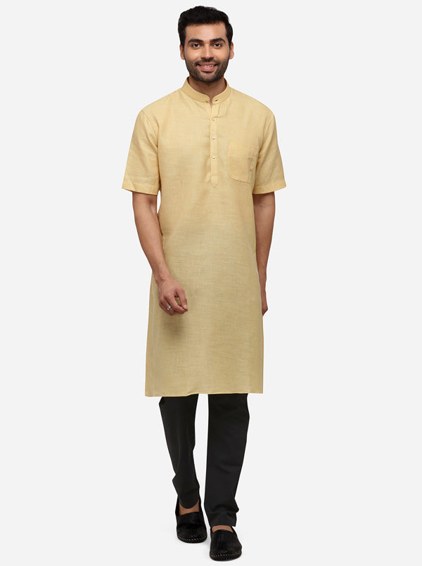 Light Yellow Self Textured Regular Fit Modi Kurta | JadeBlue