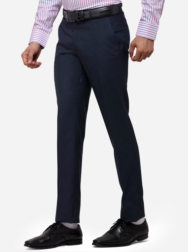 Navy Blue Slim Fit Checked Formal Trouser | Greenfibre