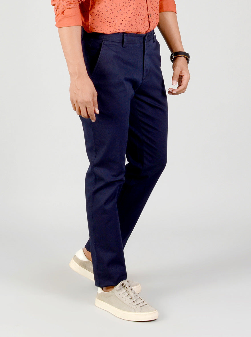 Navy Blue Self Textured Slim Fit Casual Trouser | Greenfibre