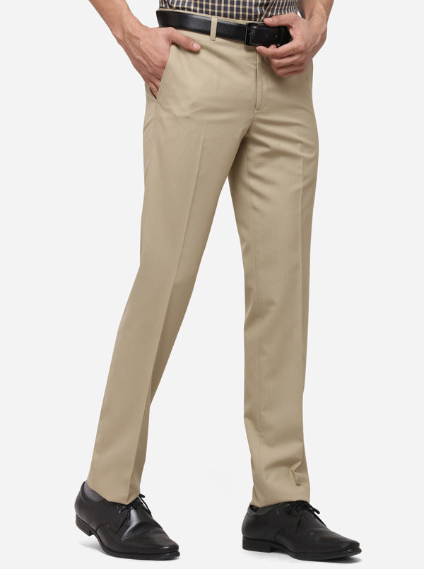 Beige Slim Fit Checked Formal Trouser | Greenfibre