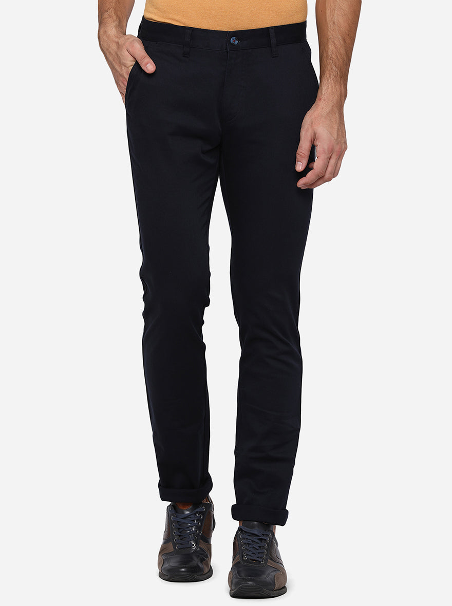 Navy Blue Solid Super Slim Fit Casual Trouser | Greenfibre