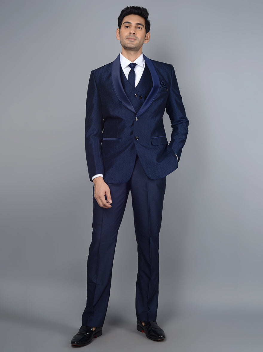 Navy Blue Suit for men - Self Design & Jacquard Silk Regular Fit