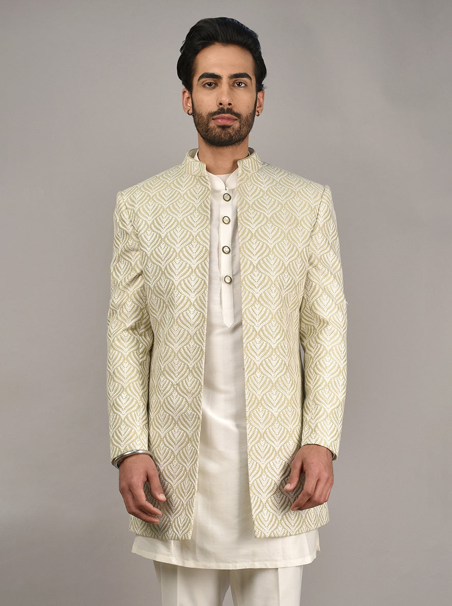 Vibrant Golden Green Color Designer Half Jodhpuri Jacket with silk kurta  pajama set Best For Mehndi / Haldi Function - Rajanyas - 4171949