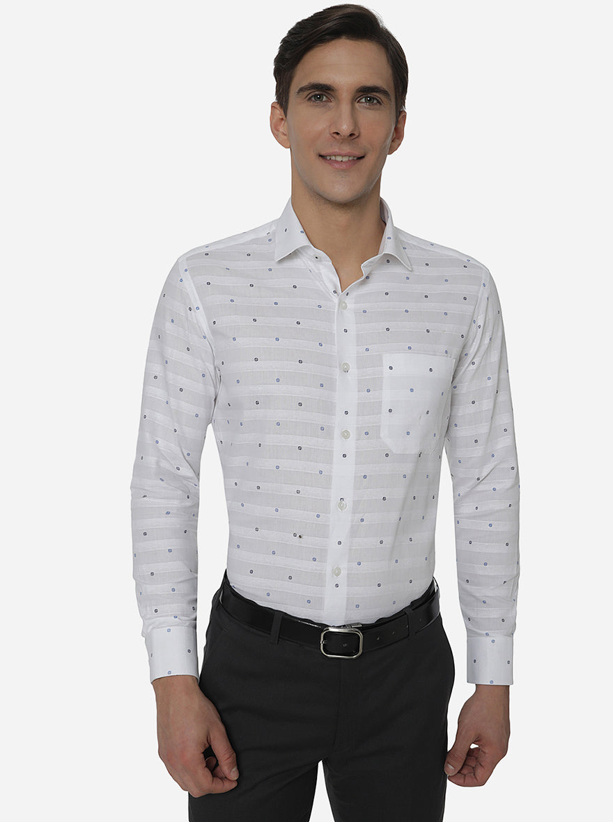 White & Blue Printed Slim Fit Formal Shirt | Greenfibre
