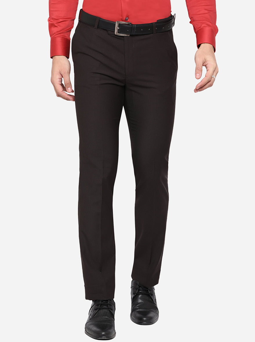 Coffee Brown Solid Slim Fit Formal Trouser | Metal