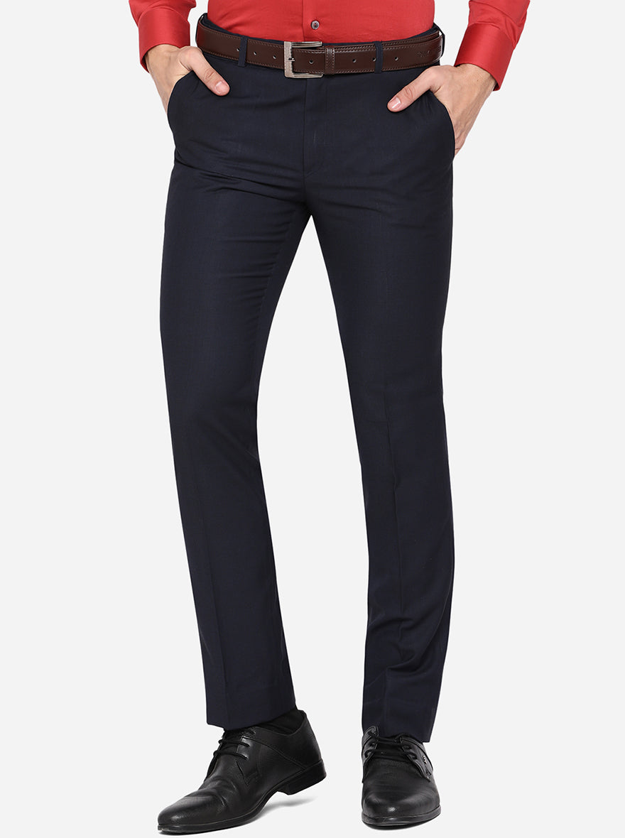 Navy Blue Solid Slim Fit Formal Trouser | Metal