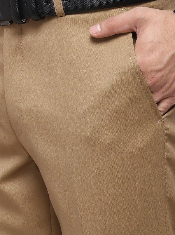 Khaki Solid Slim Fit Formal Trouser | Metal