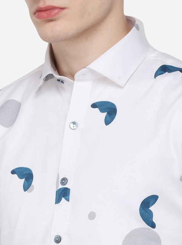 White & Blue Printed Slim Fit Party Wear Shirt | Wyre