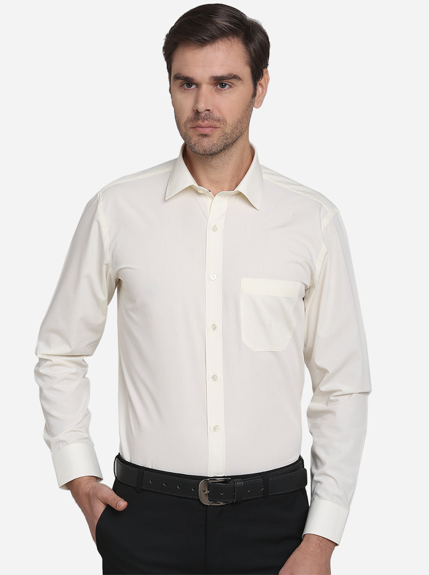 Cream Solid Regular Fit Formal Shirt  | Greenfibre