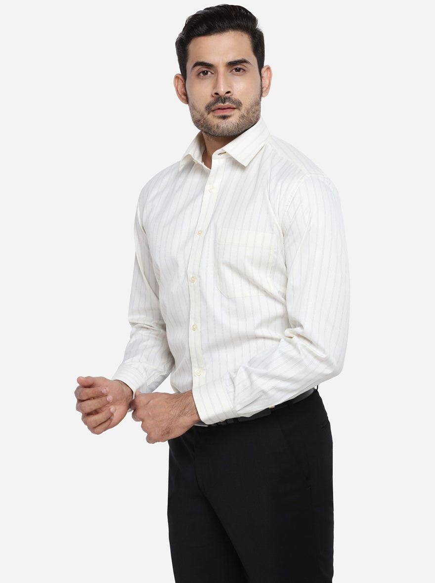 Cream & Blue Striped Regular Fit Formal Shirt | Greenfibre