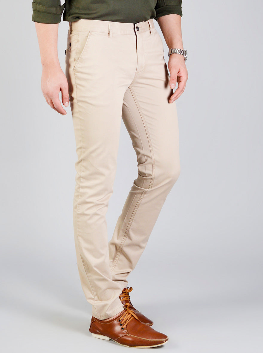 Sand Brown Self Textured Slim Fit Casual Trouser | JadeBlue