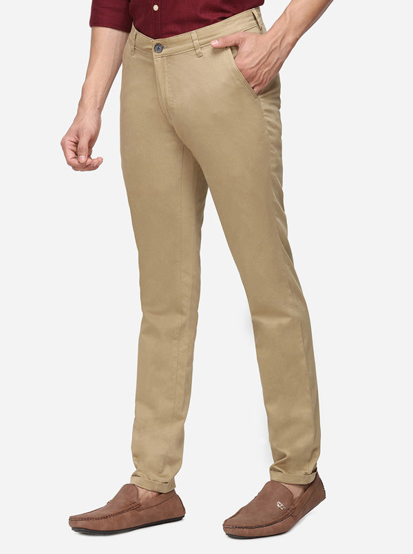 Khaki Solid Super Slim Fit Casual Trouser | Greenfibre