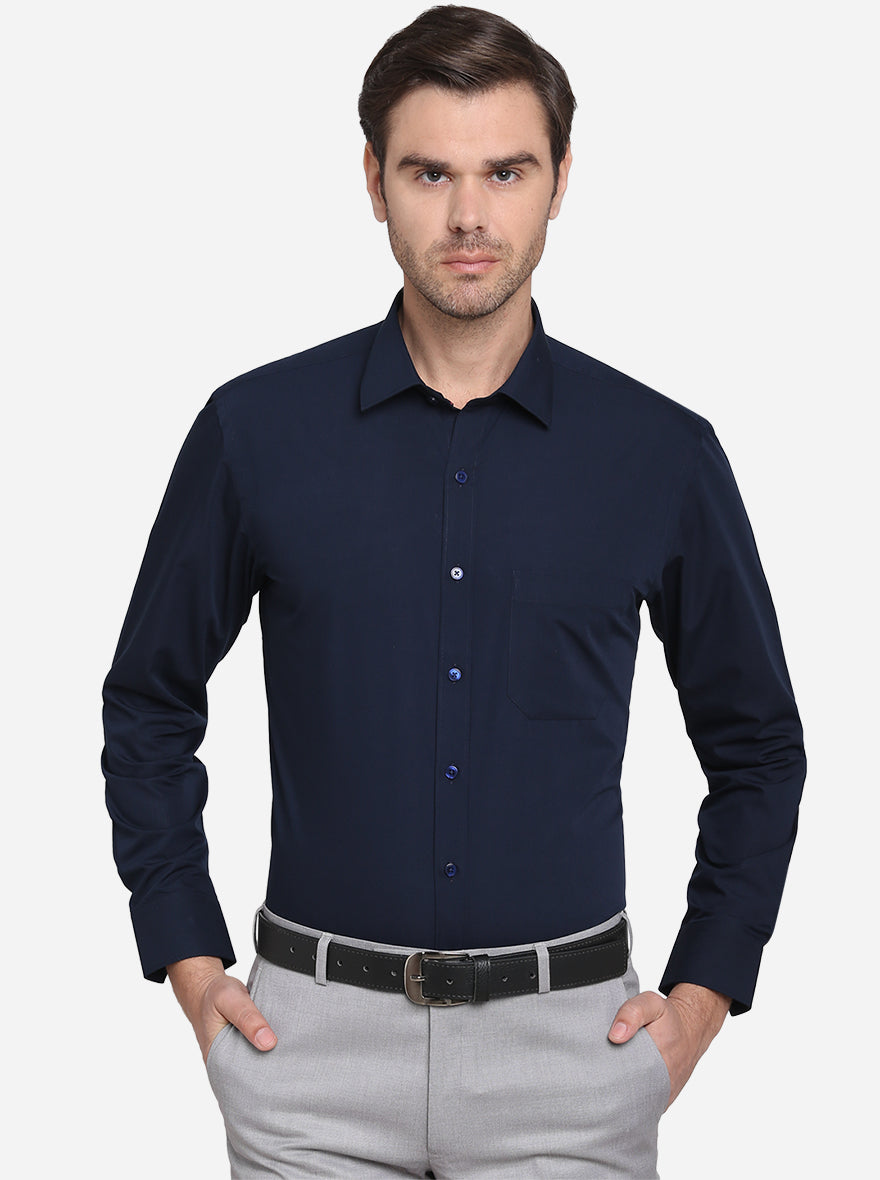 Navy Blue Solid Regular Fit Formal Shirt | Greenfibre