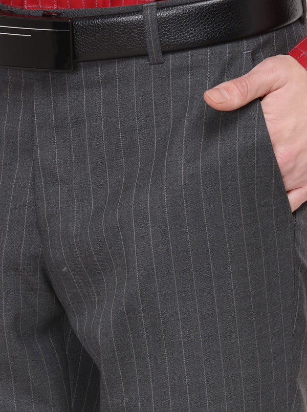 Grey Striped Super Slim Fit Formal Trouser | JadeBlue
