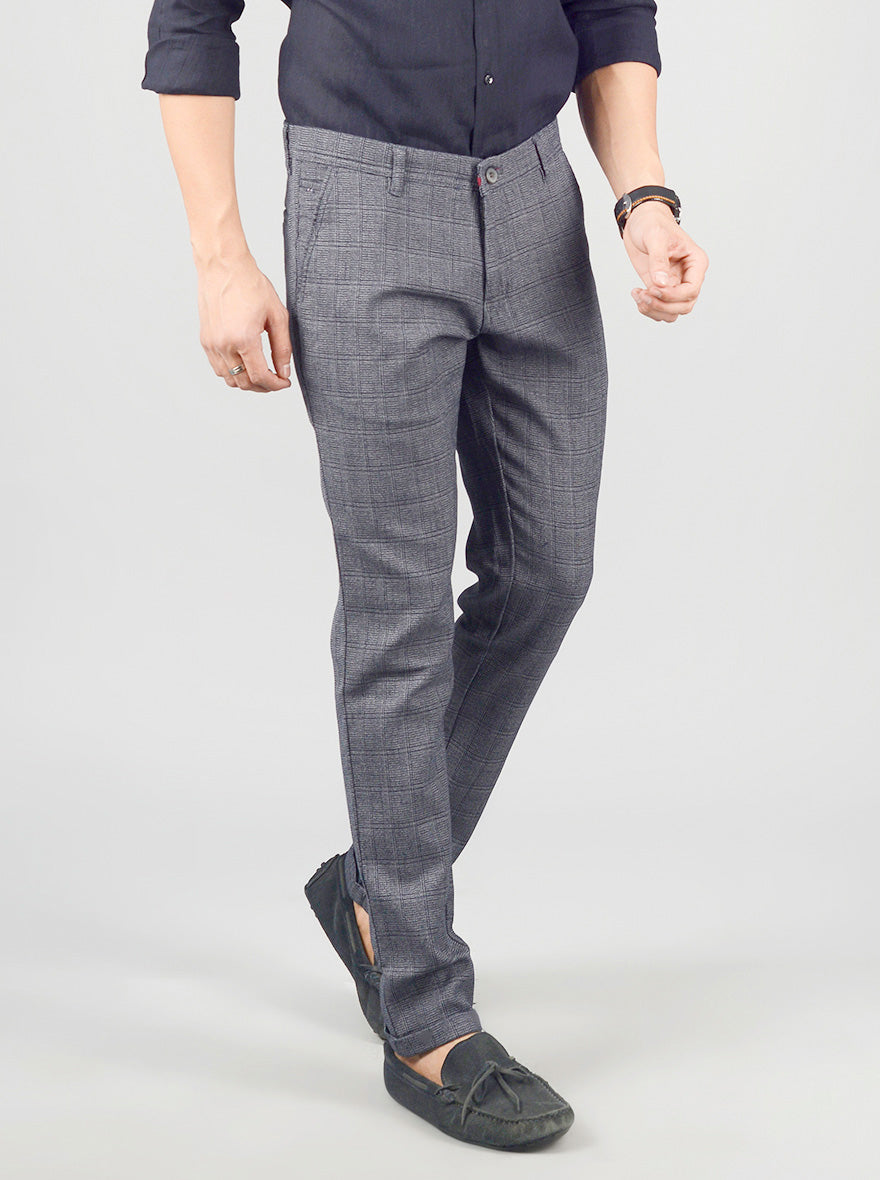 Grey Checked Slim Fit Casual Trouser | Greenfibre