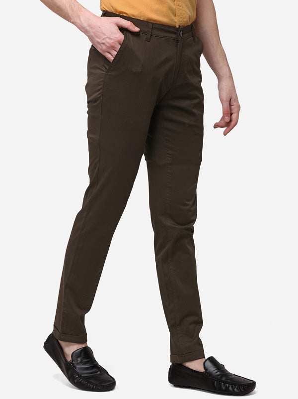 Brown Super Slim Fit Solid Casual Trouser | Greenfibre