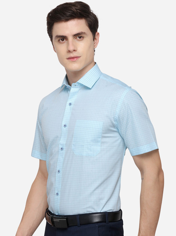 Turquoise Blue Checked Regular Fit Formal Shirt | JadeBlue