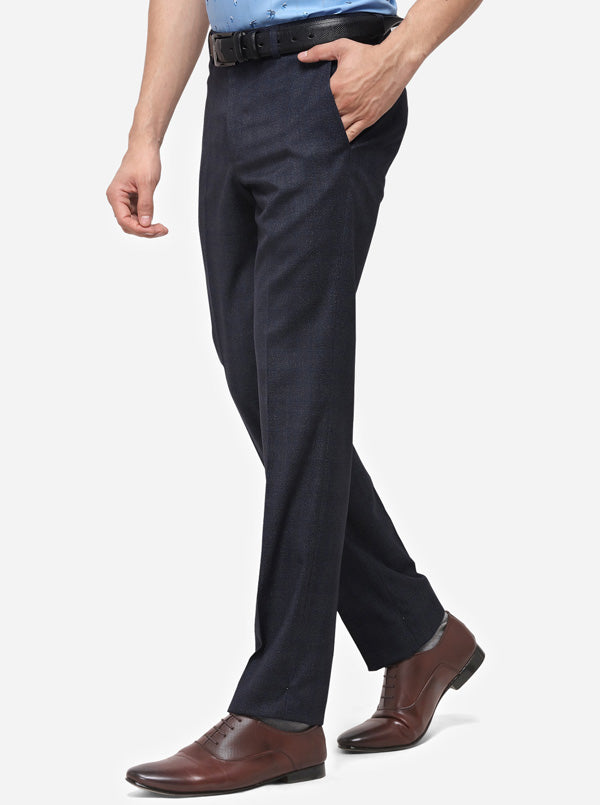 Blue & Grey Slim Fit Checked Formal Trouser | Metal